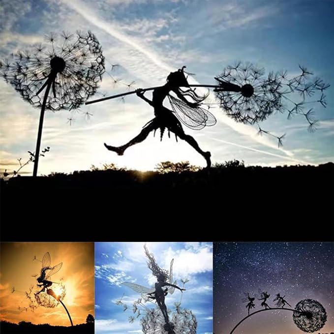 Fcteap Flower Fairy Dancing with Dandelion Garden Art Sculpture Stainless Steel Statue Christmas Halloween Decoration for Outdoor Yard Courtyard Lawn Patio Metal Ornaments (Hurdle)