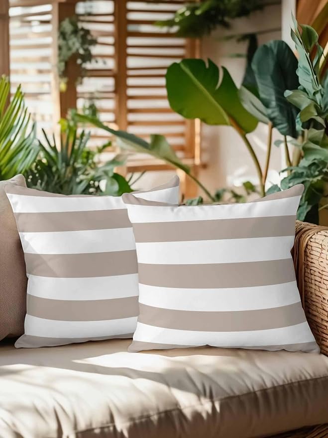 Waterproof Outdoor Pillow Set of 2 Khaki White Stripe Decorative Throw Pillows Cover & Insert 18x18 Inch Pillowcase Simple Style Striped Pillows for Couch Sofa Bed Patio Furniture Indoor Outdoor