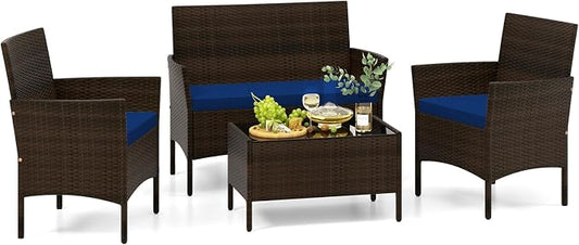 Tangkula 4 Piece Patio Rattan Conversation Set, Outdoor Wicker Furniture Set with Chair, Loveseat & Tempered Glass Table, Cozy Seat Cushions, Outside Sectional Sofa Set for Backyard