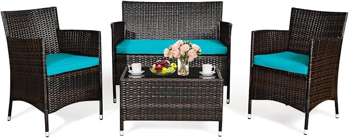 COSTWAY Outdoor Rattan Patio Furniture Set 4 Pieces | Wicker Rattan Cushioned Conversation Conversation Chairs with Coffee Table for Backyard Balcony Porch Poolside, Turquoise
