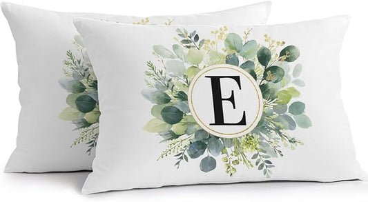 Letter E Waterproof Outdoor Pillow Covers Set of 2 Home Decor, Alphabet Green Eucalyptus Leaves Lumbar Pillowcase Patio Pillow Covers for Couch Bench Patio Furniture Garden 20x12in