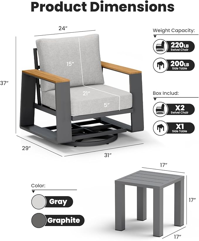 Aluminum Outdoor Patio Furniture Set, 5-Piece Patio Conversation Set with 5" Thick Cushions, Aluminum 360-Degree Large Outdoor Furntiure Set with Side Table and 5-Seat Sofa, Graphite