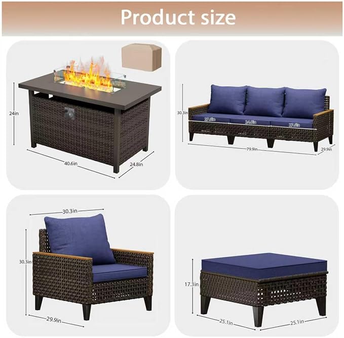 8 Piece Patio Sectional Sofa Set with 50000 BTU Fire Pit Table, All-Weather Wicker Rattan Outdoor Conversation Set, High Back, for Garden, Porch, Poolside, Blue
