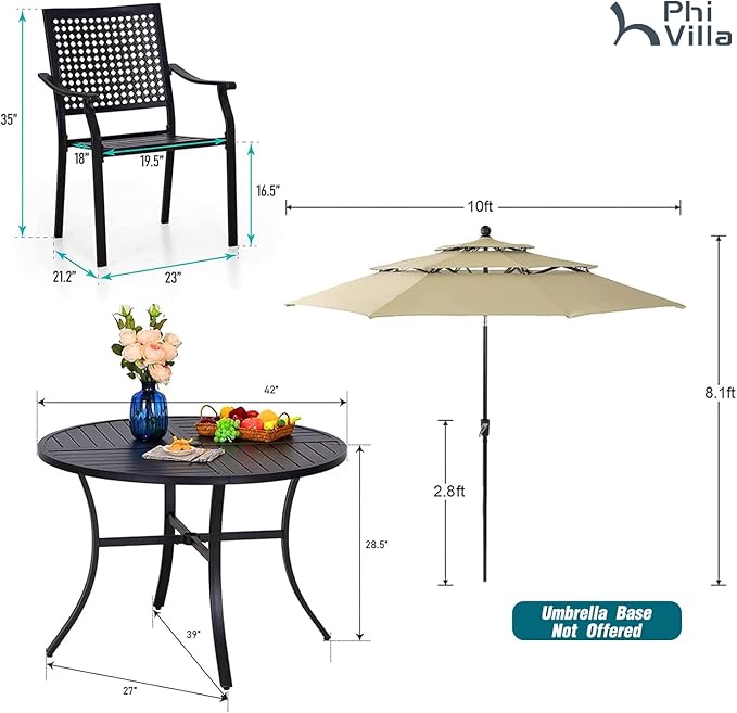PHI VILLA Outdoor Round Table Set w/Umbrella, 5pc Patio Metal Furniture | 42" wrought iron table & stackable chairs for 4. 10ft beige umbrella. Perfect for deck, porch, backyard