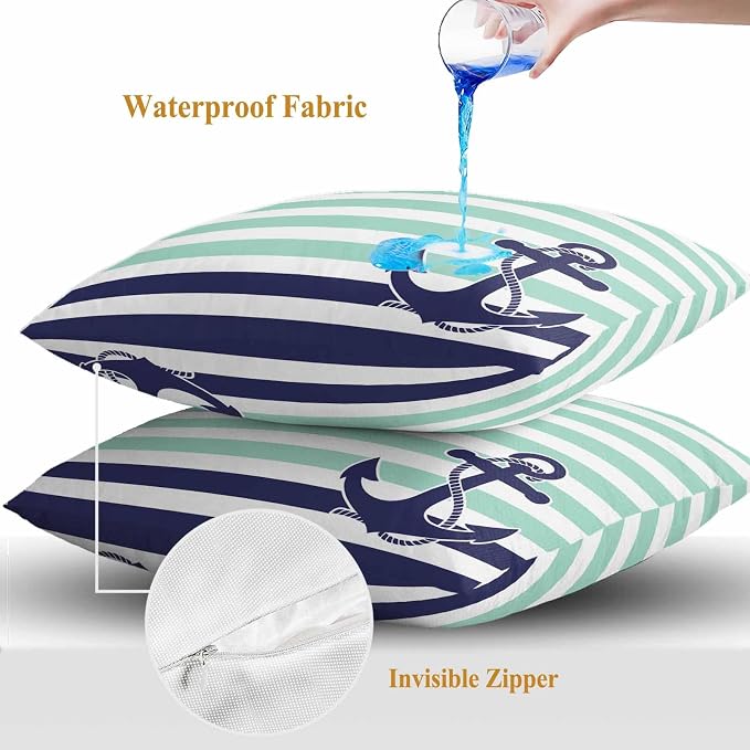 Blue Anchor Outdoor Waterproof Throw Pillow Covers Set of 2, 24"x24", Costal Mint Green White Stripes Background Decorative Pillow Covers Outside Cushion Case for Patio Porch Garden