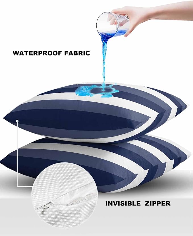Pack of 2 Navy Blue Stripes Outdoor Pillow Waterproof Covers 16x16 inch, Geometric Pattern Polyester Throw Pillow Covers Garden Cushion Decorative Case for Patio Couch Decoration