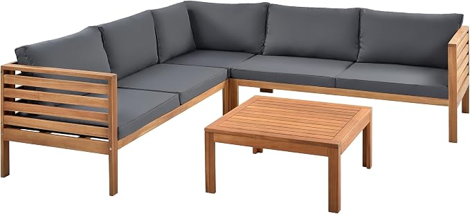 4 Piece Outdoor Patio Sectional Sofa w/Comfort Seat Cushions, All Weather Acacia Wood Patio Sectional Conversation Seat with Plus Coffee Table and Strong Metal Accessories, Water-resistant (Grey+AC)