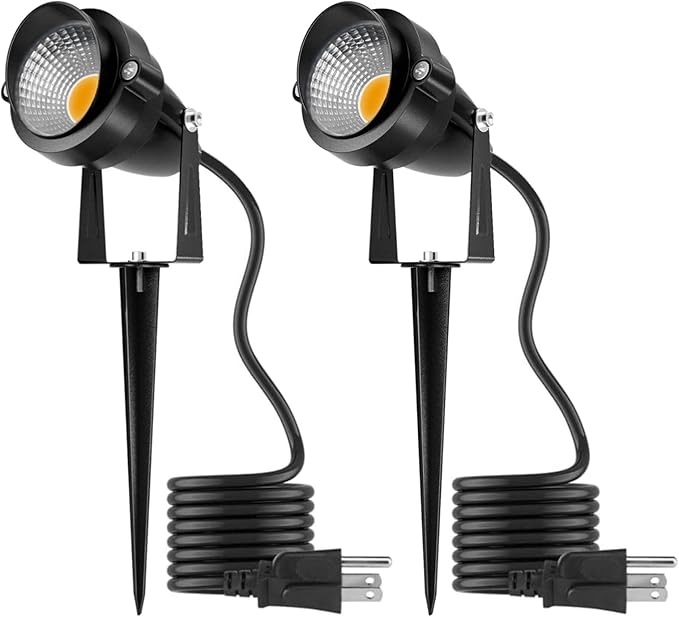 Outdoor Landscape LED Spot Lights 10W Waterproof Garden Lighting COB LED Spotlights with Spiked Stand for Lawn Decorative Lamp US 3- Plug 3000K Warm White (2 Packs