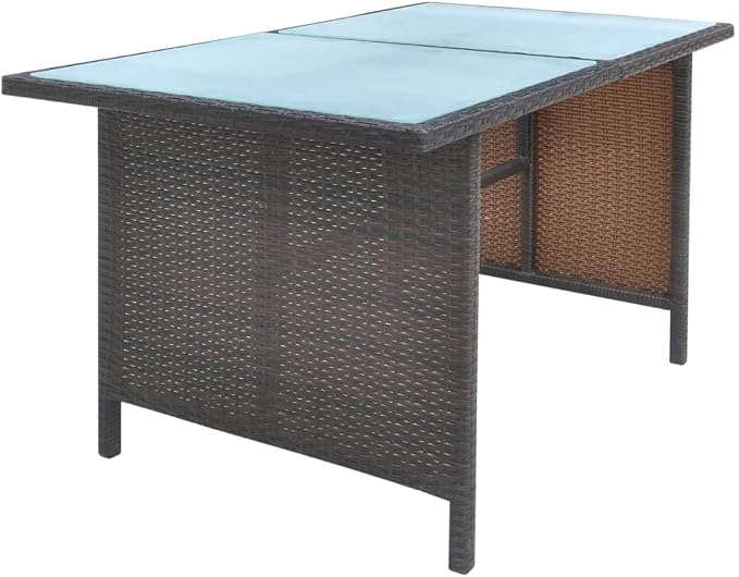 6-Piece Outdoor Dining Set, Brown PE Rattan Patio Furniture Set with Rectangular Frosted Glass Table, Steel Frame Garden Table and Chairs, Seats 7 People