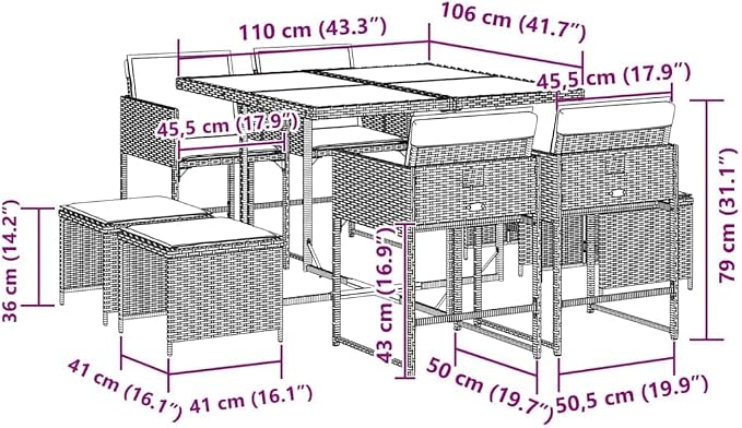 9-Piece Wicker Patio Dining Set with Acacia Wood, Black & Cream | Includes one dining table and eight cushioned chairs, ideal for backyard, deck, or terrace family gatherings.