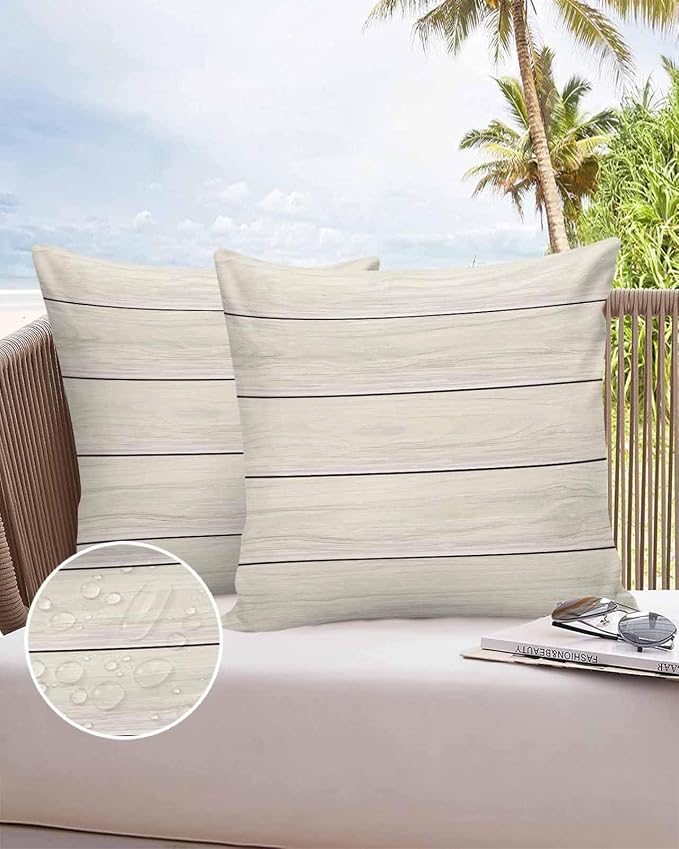 Vandarllin Outdoor Throw Pillow Covers 20X20 Set of 2 Waterproof Ivory White Decorative Zippered Cushion Covers for Patio Furniture, Farmhouse Retro Rustic Barn Wood Texture Lumbar Pillowcases