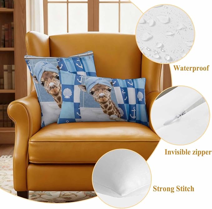 Bathing Giraffe Waterproof Outdoor Pillow Covers Set of 2 Home Decor, Funny Animal Showering Pillowcase Patio Pillow Covers for Couch Bench Patio Furniture Garden 24x24in