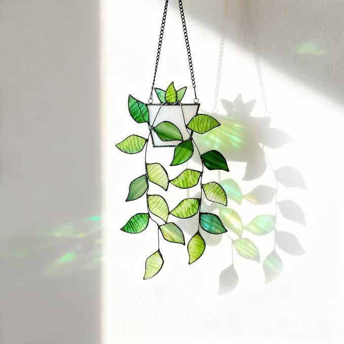 Stained Glass Window Hanging, Green Leaf Plant Suncatcher Decor | Rswardeleco Stained Glass Window Hanging, Green Leaf Plant Suncatcher with Chain, Home Wall Art Decor, Gift for Plant Lovers