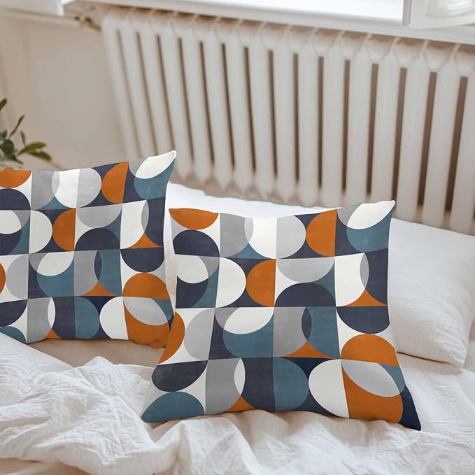 Vandarllin Outdoor Throw Pillows Covers 20x20 inch Set of 2 Waterproof Mid Century Geometric Decorative Zippered Cushion Covers for Patio Furniture, Abstract Modern Orange Blue Lumbar Pillowcases