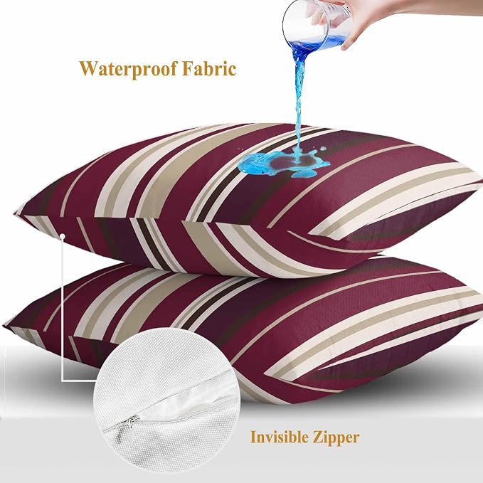 Outdoor Waterproof Throw Pillow Covers Set of 2 Red Striped Pillowcases 20x20 Inches Geometric Beige Stripes Decorative Pillows Cushion Case Patio Pillows for Couch Bed Chair Garden