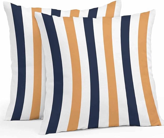 Burnt Orange Navy Blue Striped Waterproof Outdoor Pillow Covers Set of 2 Home Decor, Farmhouse Stripe Art Pillowcase Patio Pillow Covers for Couch Bench Furniture Garden 16x16in