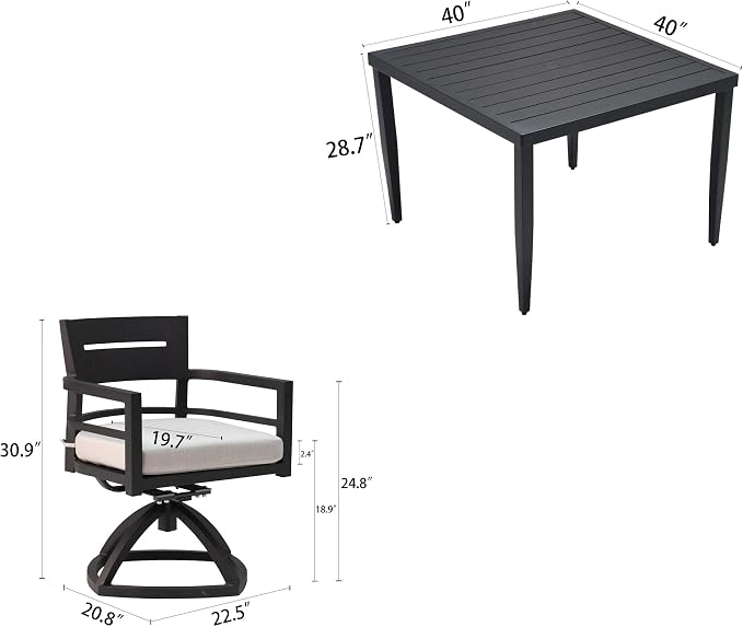 5-Piece Outdoor Patio Aluminum Furniture, Modern Dining Set, Including 4 Swivel Rockers and 40" Square Dining Table with Umbrella Hole, Ember Black
