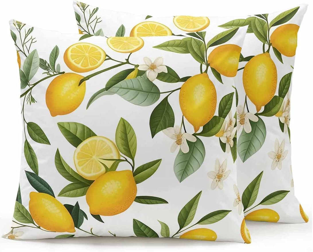 Outdoor Waterproof Throw Pillows Watercolor Lemon Green Leaves Flower Patio Pillows Pack of 2,Decorative Pillow Covers with Insert,Pillow Cushion Case for Garden Couch Sofa Farm Fruit Harvest