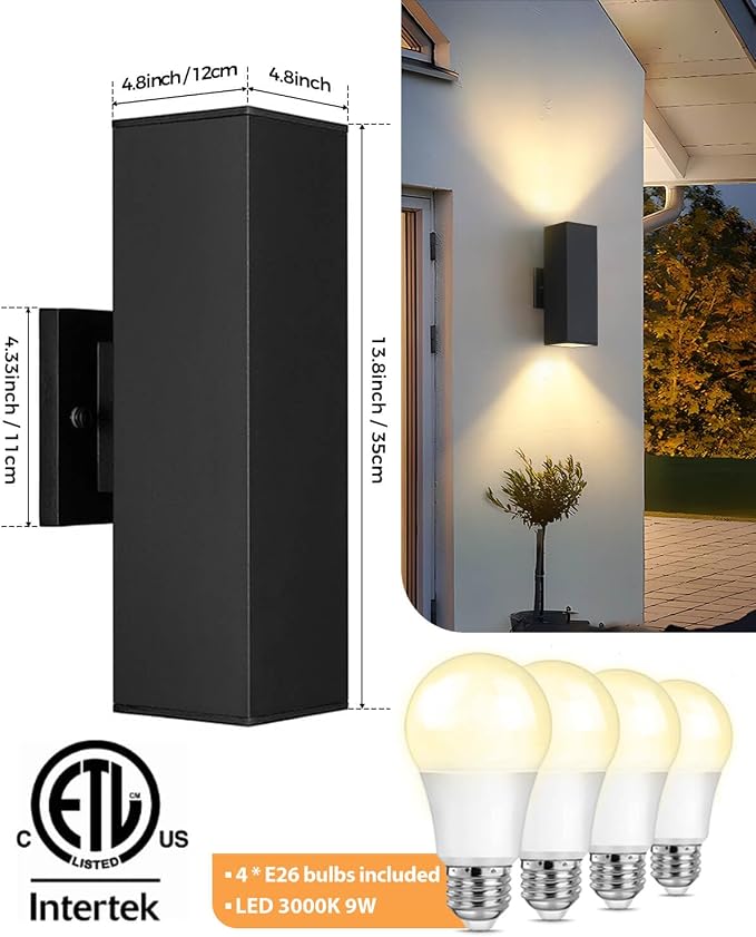SHIMR 14" Outdoor Wall Lights Dusk to Dawn 2 Pack, ETL Listed | Outdoor Light Fixture Wall Mount, Aluminum Anti-Rust Matte Black Outside Lights for Porch Garage Patio, LED Bulbs Include