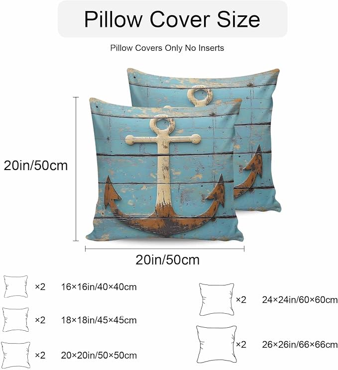 Vintage Anchor Waterproof Outdoor Pillow Covers Set of 2 Home Decor, Coastal Nautical Blue Brown Wooden Pillowcase Patio Pillow Covers for Couch Bench Furniture Garden 18x18in