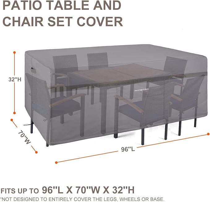 Outdoor Dining Set Cover 96''L x 70''W x 32''H Grey Rectangular Patio Furniture Cover 600D Heavy Duty Waterproof Outside Table and 5-7 Piece Chairs Covers for Winter