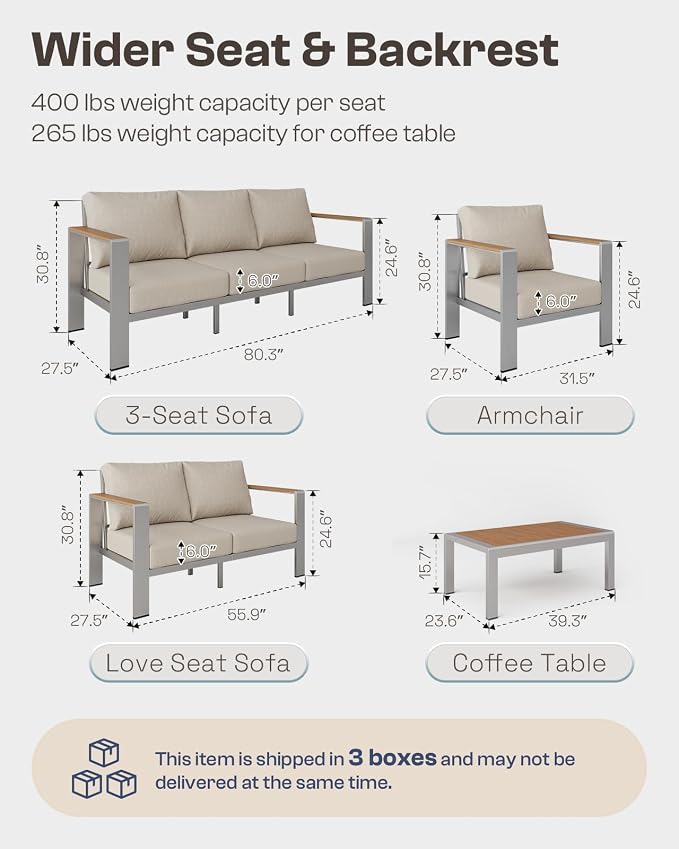 Aluminum Outdoor Sofa Bistro Set, 3 Piece Outdoor Patio Furniture Set with Washable Thick Cushion, Patio Sectional Furniture Set for Porch, Balcony, Deck, Yard, Silver