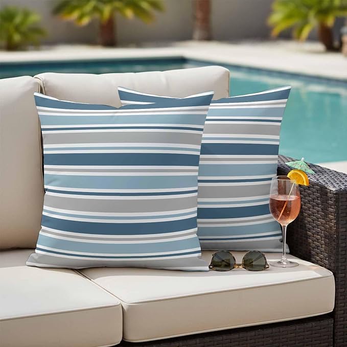 Blue Grey Striped Outdoor Pillow Cover 16x16 Inch Cushion Sham Case, Farmhouse Stripes Modern Abstract Art Waterproof Decorative Square Throw Pillowcase for Outside Garden Patio Porch Couch Chair Tent