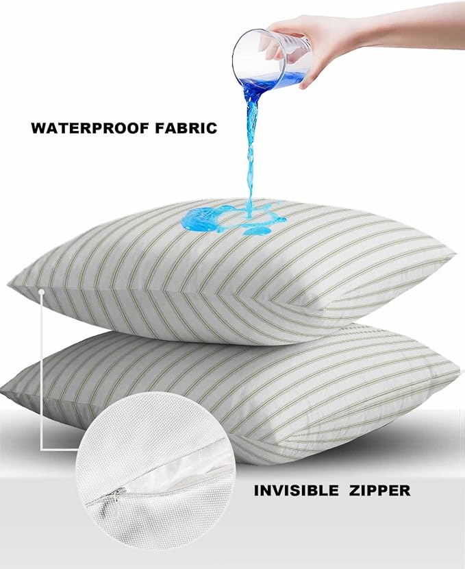 Outdoor Waterproof Throw Pillow Covers Set of 2 Sage Green Stripes Pillowcases 20x20 Inches Vertical Striped Patio Decorative Pillows Cushion Case Patio Pillows for Couch Bed Chair Garden