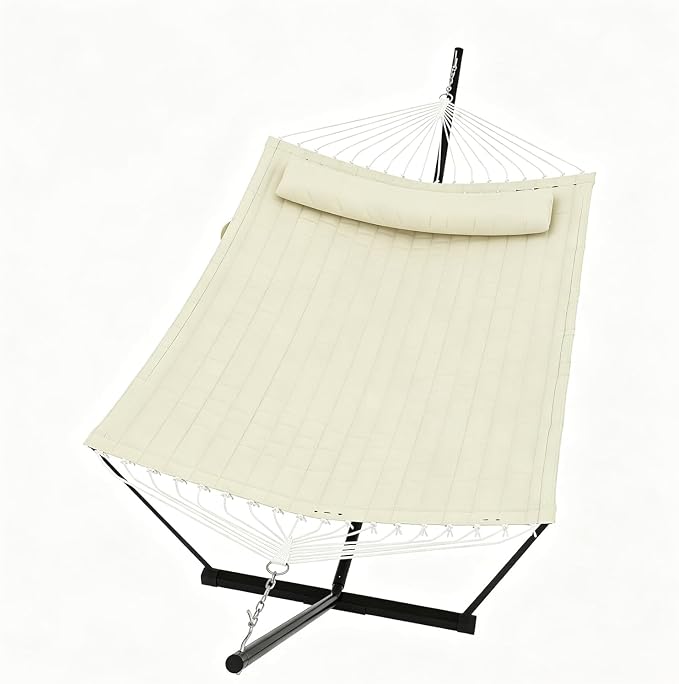  2 Person Hammock with Stand for Outside, Double Hammock with Stand and Pillow, Max 450 Lbs Capacity with Balance Rope, Large Hammock for Outdoor Patio Backyard Poolside