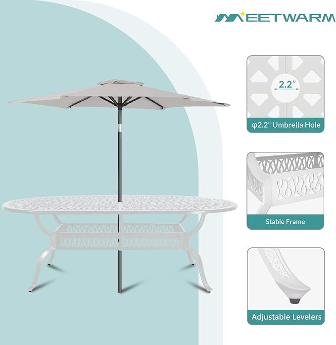 MEETWARM 9-Piece Outdoor Patio Dining Set, All-Weather Cast Aluminum Patio Conversation Set with 1 Oval Table, 2 Swivel Rocker Chairs, 6 Stationary, 8 Cushions, 2" Umbrella Hole, White
