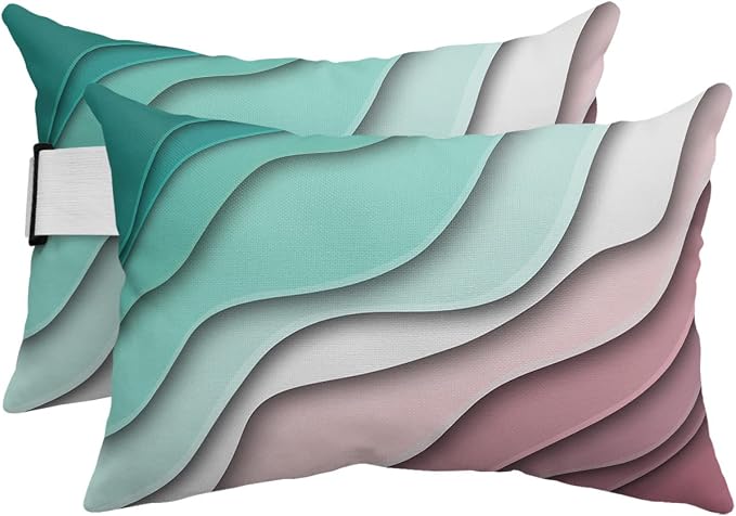 Outdoor Pillows Covers with Inserts Geometric Abstract Green Pink Gradient Waterproof Recliner Pillow with Adjustable Strap Throw Pillows for Patio Furniture Pool Lounge Chair, 12x20 inch, 2PCS