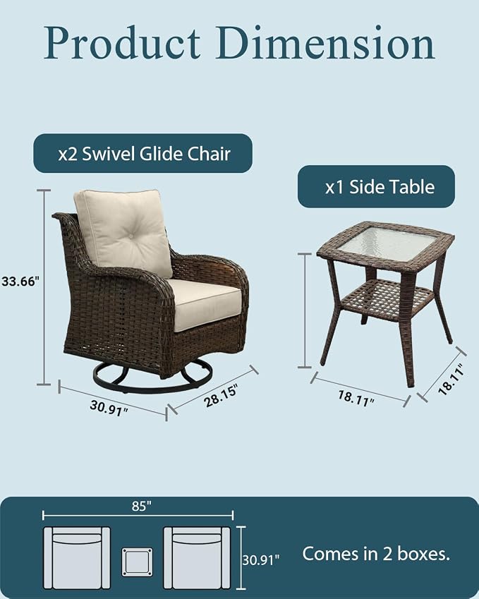 Patio Furniture Set, 3PCS Outdoor Wicker Conversation Set Porch Furniture with 6" Thick Cushions, High Back Swivel Chairs, Weather Resistant Olefin Fabric for Garden, Poolside, Beige