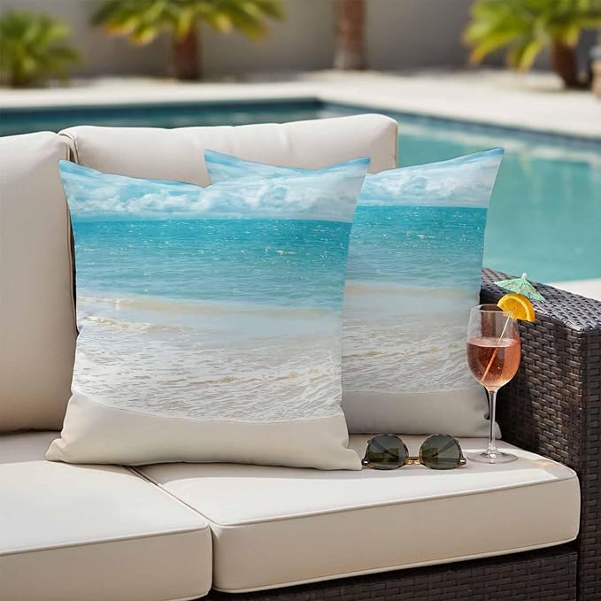 Yukro Coastal Ocean Outdoor Waterproof Pillow Covers Pack of 2, Ocean Waves Beach Sea Shore Throw Pillowcases Decorative Cushion Covers for Garden Patio Tent Sofa Couch, 26x26 inch