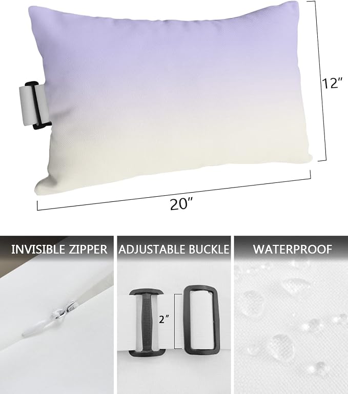 Outdoor Pillows Covers with Inserts Romantic Purple White Gradient Waterproof Recliner Pillow with Adjustable Strap Throw Pillows for Patio Furniture Pool Lounge Chair, 12x20 inch, 2PCS