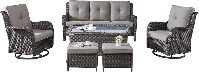 Rilyson 6 Piece Outdoor Patio Furniture Set - Rattan Wicker Patio Conversation Sets with 2 Swivel Rocker Chairs,2 Ottomans,1 Sofa and 1 Coffee Table for Outside Porch Deck Backyard(Brown/Grey)