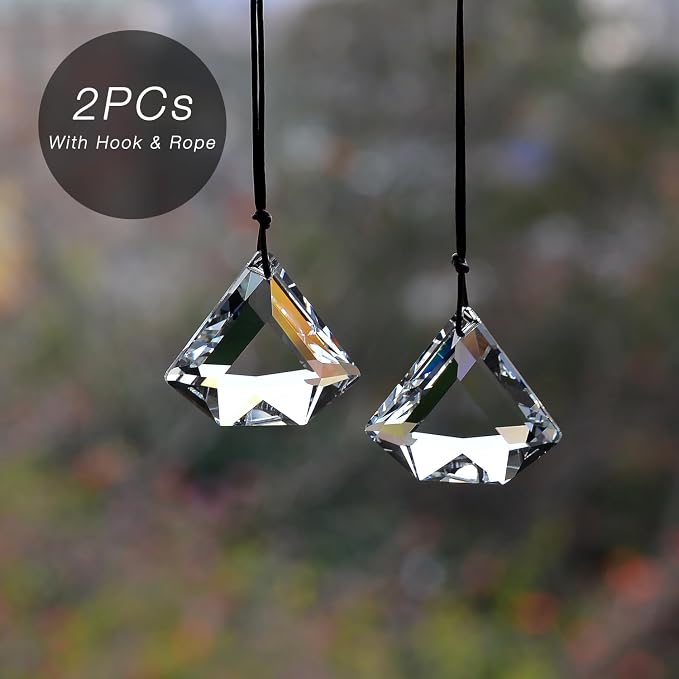 2PCS Diamond Crystal Suncatcher Prisms for Windows (Diamond Clear) | Clear, Transparent, K9 Glass, Rainbow Maker, with Hooks & Cord