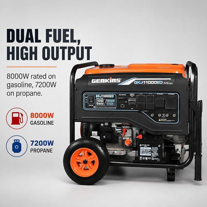 Genkins 11000 Watt Dual Fuel Portable Generator Home Back Up, Emergercy, RV & Camping Electric Start Gas or Propane