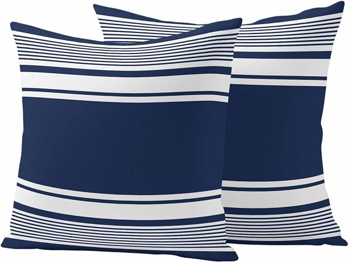 Outdoor Waterproof Throw Pillow Covers, Navy Blue Striped Decorative Pillow Cases, Modern Color Block Farmhouse Stripes Couch Pillow Protector Patio Sofa Cushion Covers Replacement 24"x24" 2 Pack