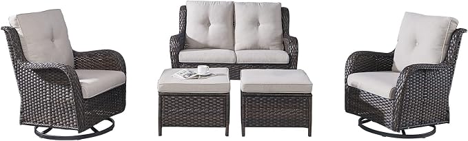 Rilyson Wicker Patio Furniture Set - 5 Piece Rattan Outdoor Sectional Conversation Sets with 2 Rocking Swivel Chairs,2 Ottomans and 1 Loveseat for Porch Deck Garden(Brown/Beige)