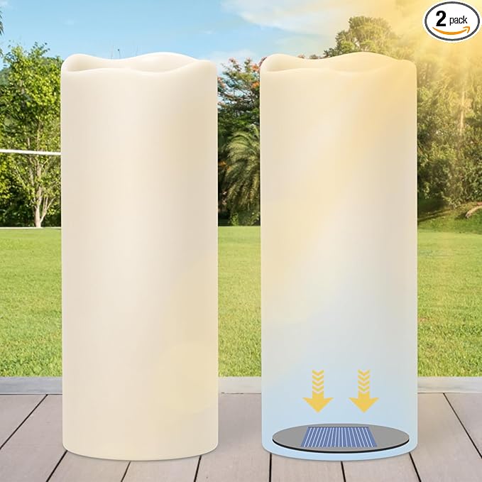 Large Solar Powered Candles, Outdoor Rechargeable Flameless Candles, Waterproof LED Light Candles Flickering for Lantern Garden Camping Patio Home Decor Dusk to Dawn 2 PCS 4" x10"