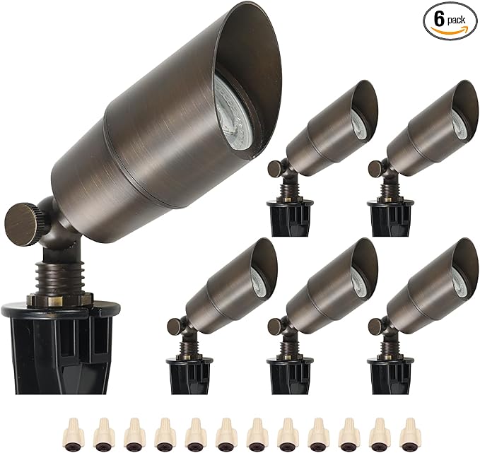 DOSHINE® Solid Brass Landscape LED Spotlights Outdoor Low Voltage Landscape Lighting AC/DC 12V Uplight Accent Light for Tree Garden Yard with Replaceable 5W 3000K Warm White 560LM MR16 Bulb (6-Pack)