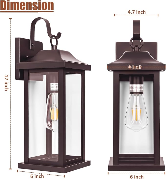 Large Bronze Outdoor Wall Lantern 17 Inch | 1 Pack ETL Listed, Vintage Brown Exterior Light Fixture Waterproof, Farmhouse Outside Wall Sconce Porch Light