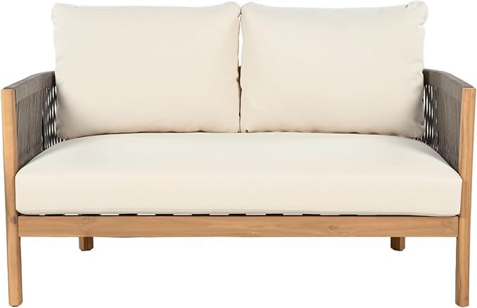Christopher Knight Home Havets 2 Pieces Conversation Set, Acacia Wood Loveseat and Coffee Table Set, Woven Rope Armchair, Slats Panel End Table, 6" Thick Cushion Couch for Backyard Garden, Gray+Beige