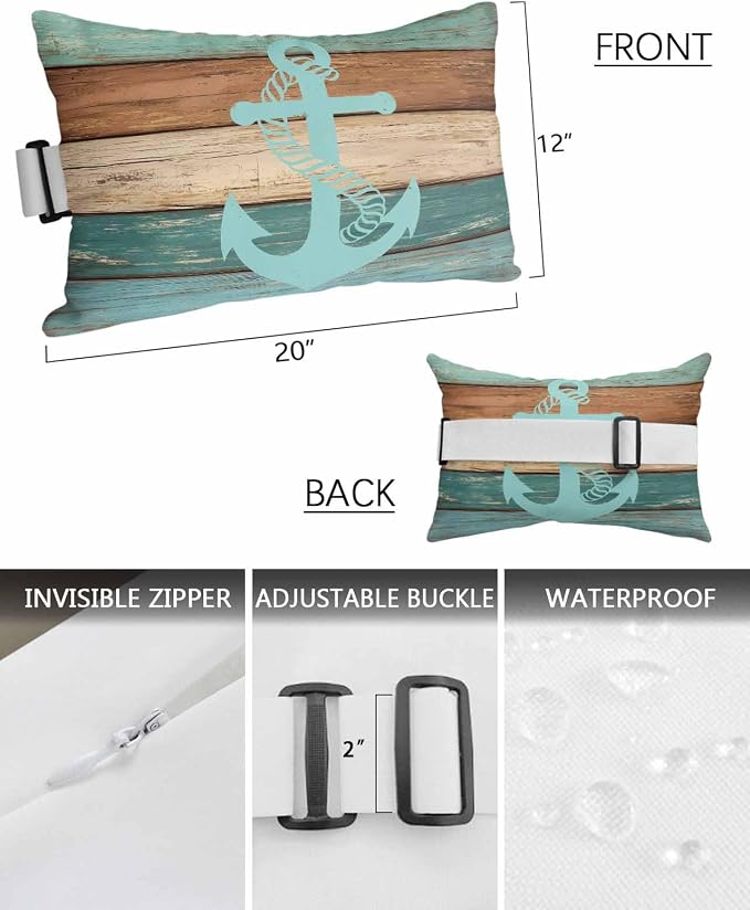 Outdoor Lumbar Cushions with Inserts, Retro Gradient Anchor Farm Wood Grain Waterproof Fluffy Fade Body Pillows, Patio Furniture Pillow for Home Balcony Garden Decor 12x20IN