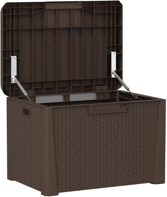 Garden Storage Box with Seating, 125L Outdoor Deck Box for Patio Cushions, Blankets, Gardening Tools, Heavy Duty Polypropylene Container, Brown