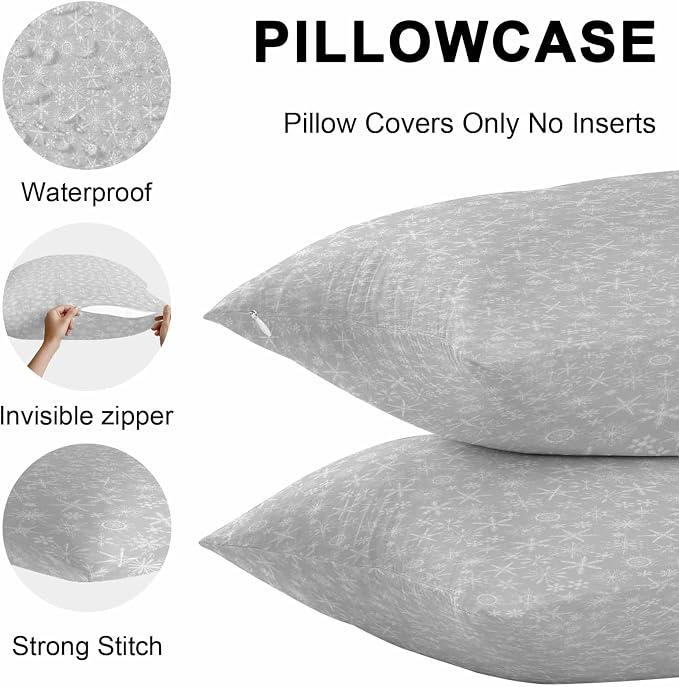 Grey Christmas Outdoor Pillow Cover 20x20 Inch Cushion Sham Case, Vintage Winter Xmas White Snowflakes Waterproof Decorative Square Throw Pillowcase for Outside Garden Patio Porch Couch Chair Tent