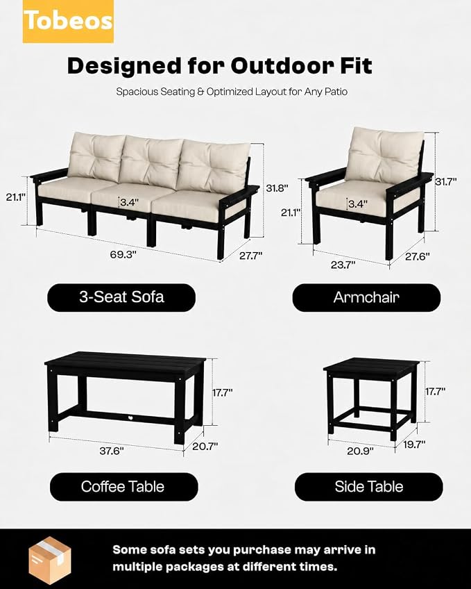 HDPE 7 Piece Patio Furniture Set, All-Weather Outdoor Couch Set with Thick Cushions & Table & Umbrella, Patio Conversation Sets for Lawn, Garden, Porch, Balcony, Deck, Poolside, Black & Beige