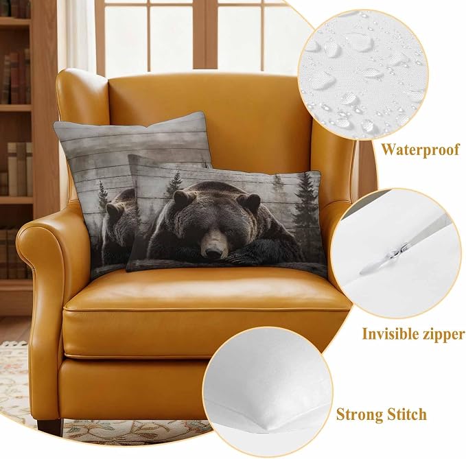 Sleeping Bear Outdoor Pillow Covers 16"x16" Set of 2, Animal Forest Rustic Planks Waterproof Throw Pillow Covers for Patio Furniture, Decorative Cushion Covers for Porch
