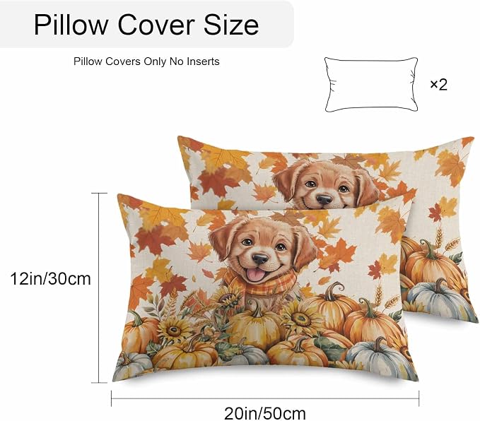 Orange Cute Dog Outdoor Waterproof Pillow Covers, Fall Pumpkins Maple Leaves Retro Pastoral Decorative Rectangle Throw Pillowcase Sofa Cushion Sham for Patio/Couch/Chair, 20"x12" 2 Pack