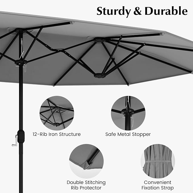 Tangkula 10 Pieces Patio Wicker Dining Set w/Double-Sided Patio Umbrella, Outdoor Acacia Wood Furniture Set w/ 8 Armchairs, Dining Table & 15 ft Umbrella with Weighted Base (Gray)